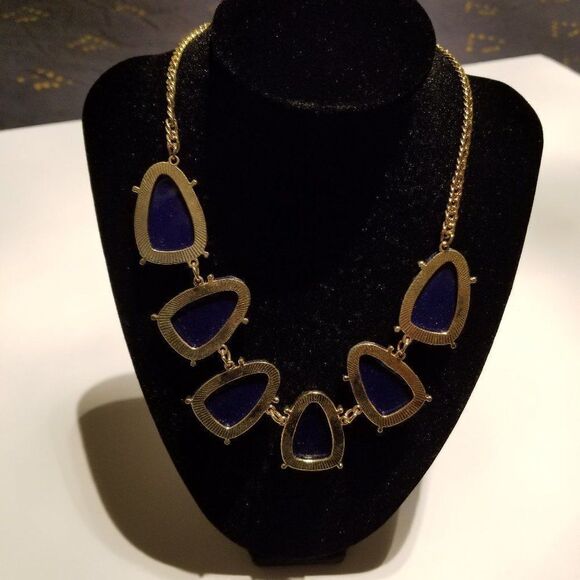 Aurora Borealis Statement Bib Pendant Necklace Blue Gold Tone Adjustable Chain - Picture 4 of 7